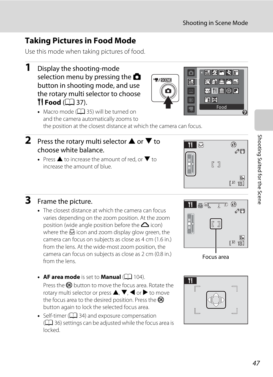 Taking pictures in food mode, E “taking pictures in food mode, A 47) for | Nikon S640 User Manual | Page 59 / 176