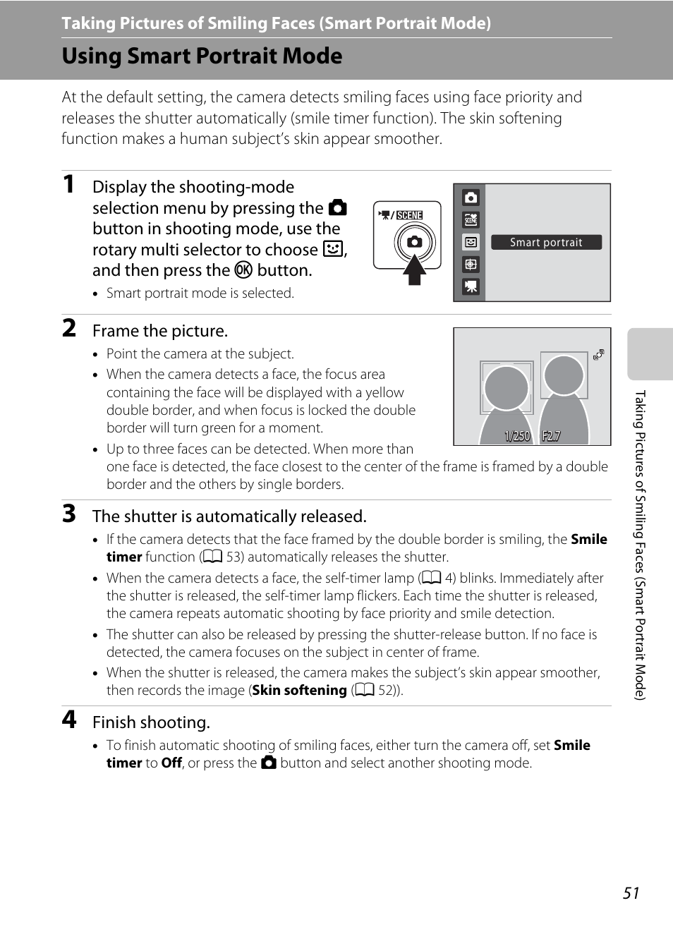 Using smart portrait mode, Taking pictures of smiling faces, Smart portrait mode) | Mode, A 51) | Nikon S640 User Manual | Page 63 / 176