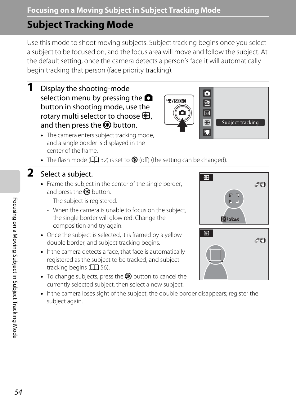 Subject tracking mode, Focusing on a moving subject in subject, Tracking mode | A 54 | Nikon S640 User Manual | Page 66 / 176