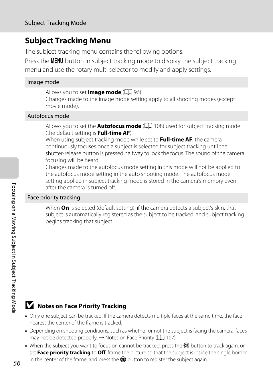 Subject tracking menu, A 56) | Nikon S640 User Manual | Page 68 / 176