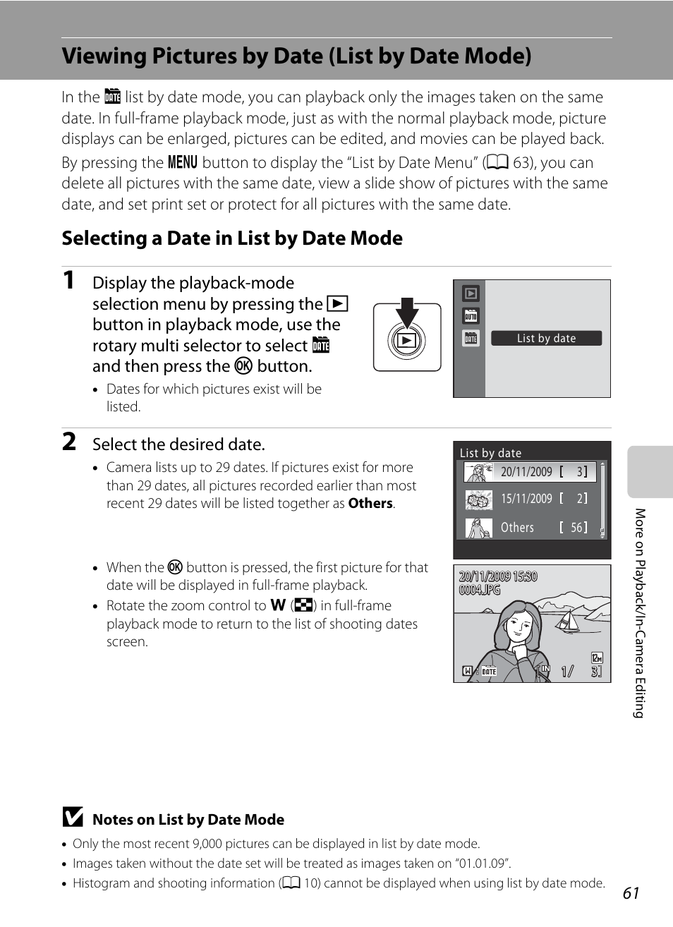 Viewing pictures by date (list by date mode), Selecting a date in list by date mode, A 61) | A 61) to | Nikon S640 User Manual | Page 73 / 176