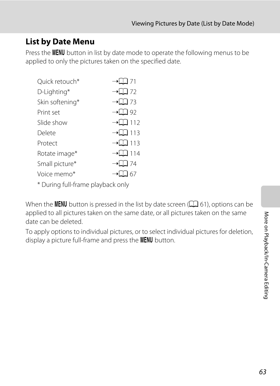 List by date menu, A 63), A 63) op | Nikon S640 User Manual | Page 75 / 176