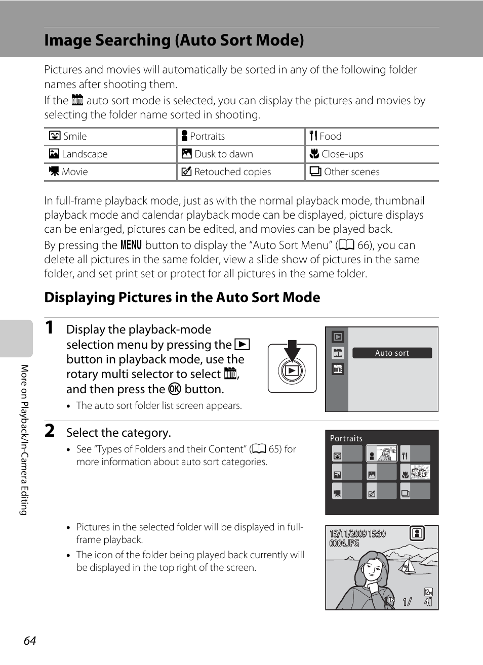 Image searching (auto sort mode), Displaying pictures in the auto sort mode, A 64) | Nikon S640 User Manual | Page 76 / 176