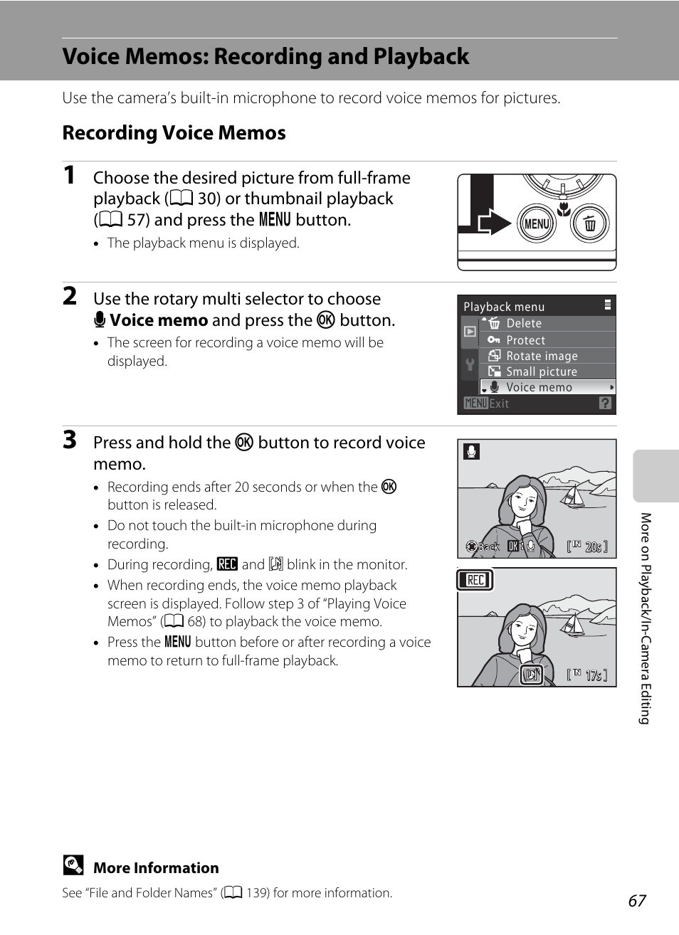 Voice memos: recording and playback, Recording voice memos, A 67 | Nikon S640 User Manual | Page 79 / 176