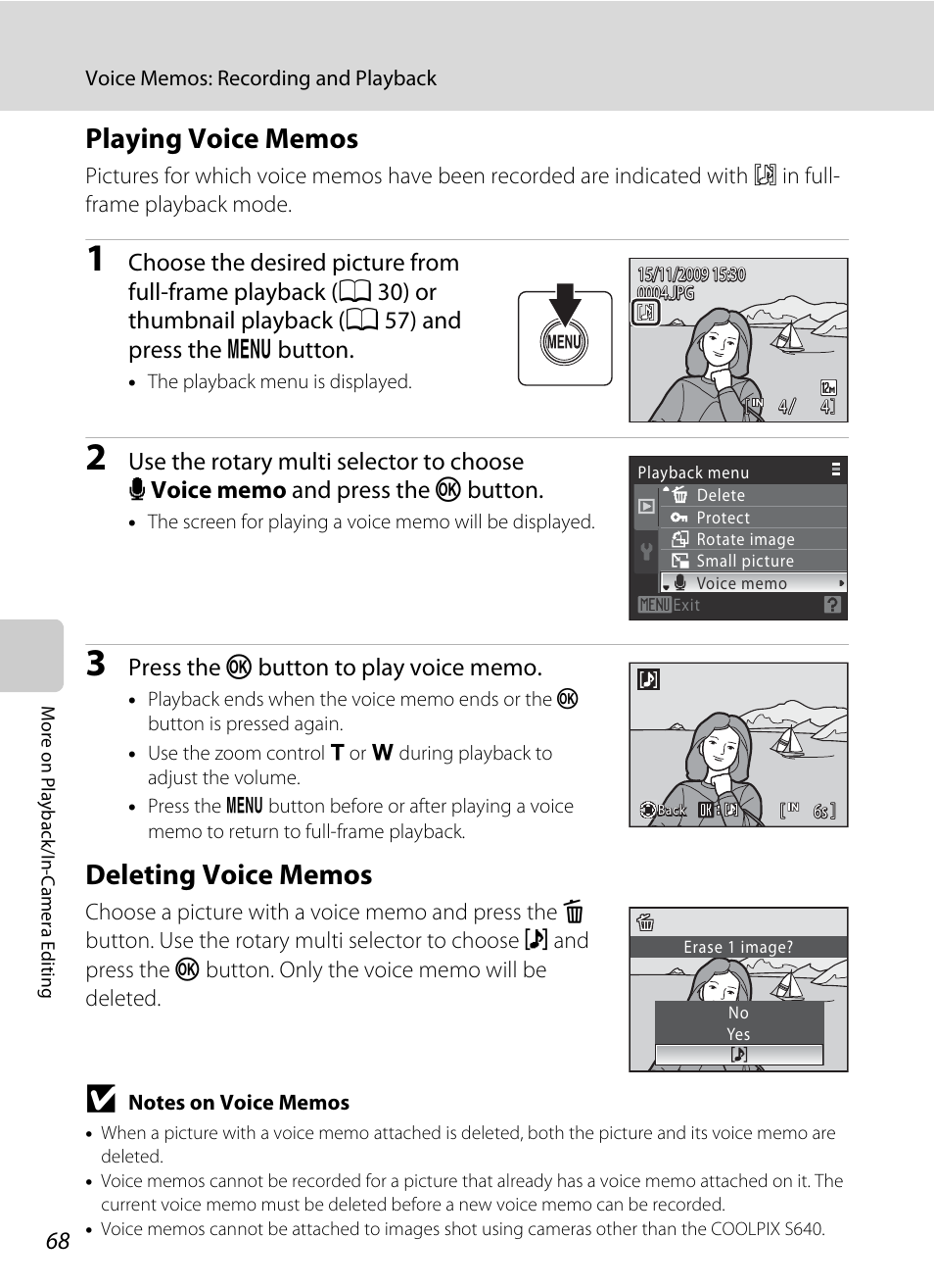 Playing voice memos, Deleting voice memos, Playing voice memos deleting voice memos | Ep 3 of “playing voice memos, A 68) to | Nikon S640 User Manual | Page 80 / 176