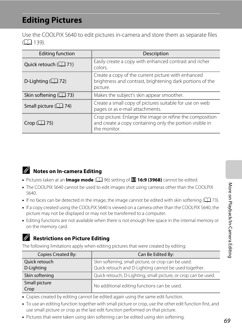 Editing pictures, A 69) | Nikon S640 User Manual | Page 81 / 176