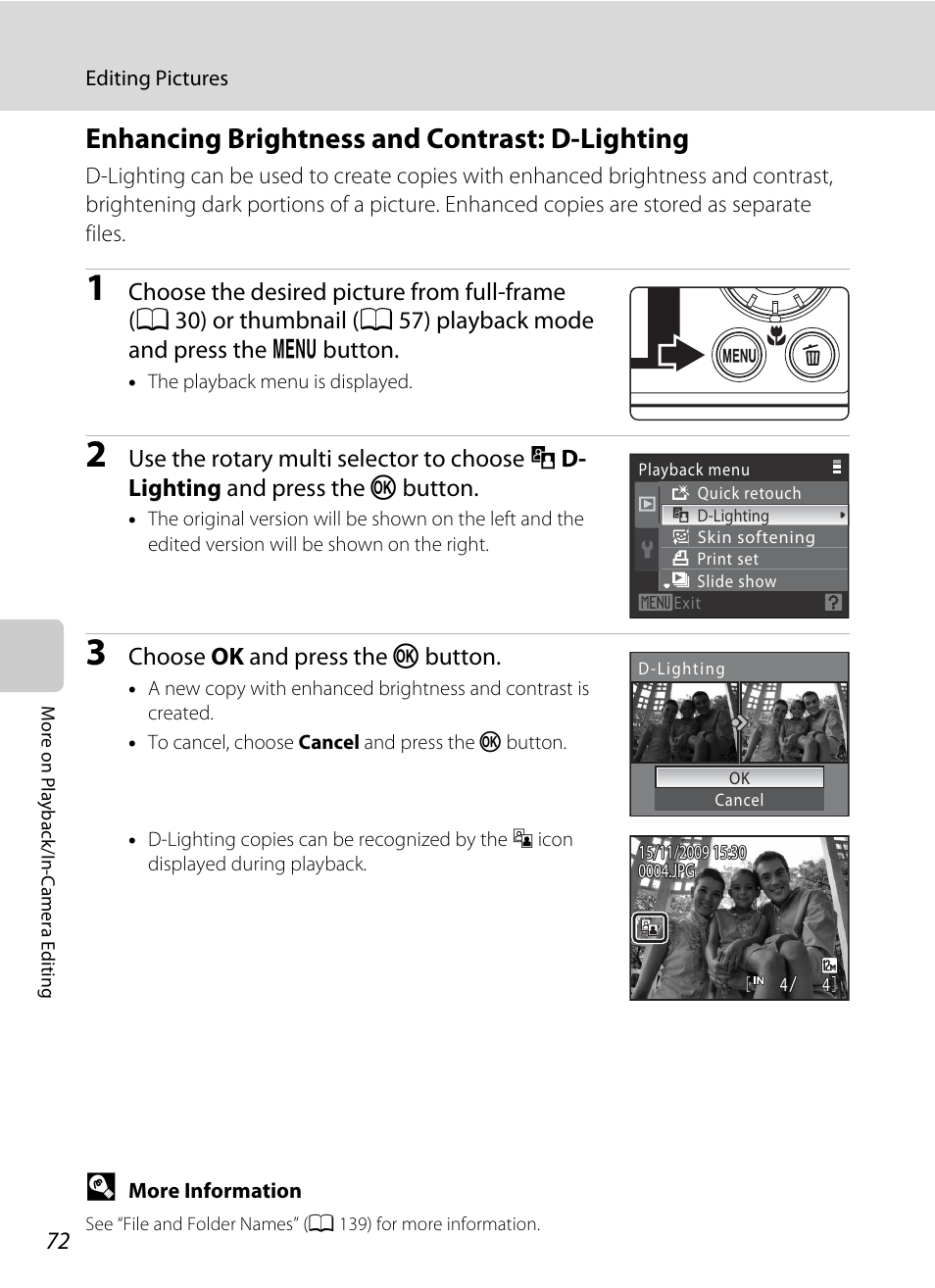 Enhancing brightness and contrast: d-lighting, A 72, Lighting (a 72) | Nikon S640 User Manual | Page 84 / 176