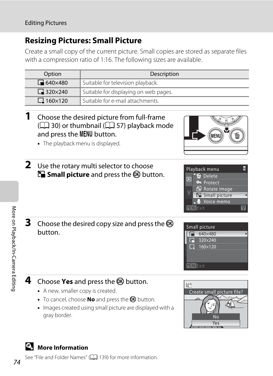 Resizing pictures: small picture, A 74, A 74) | Nikon S640 User Manual | Page 86 / 176