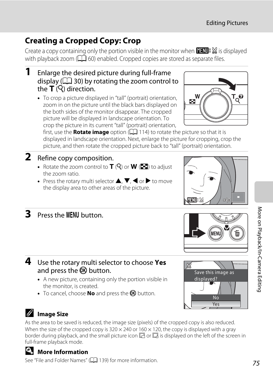 Creating a cropped copy: crop, A 75) | Nikon S640 User Manual | Page 87 / 176