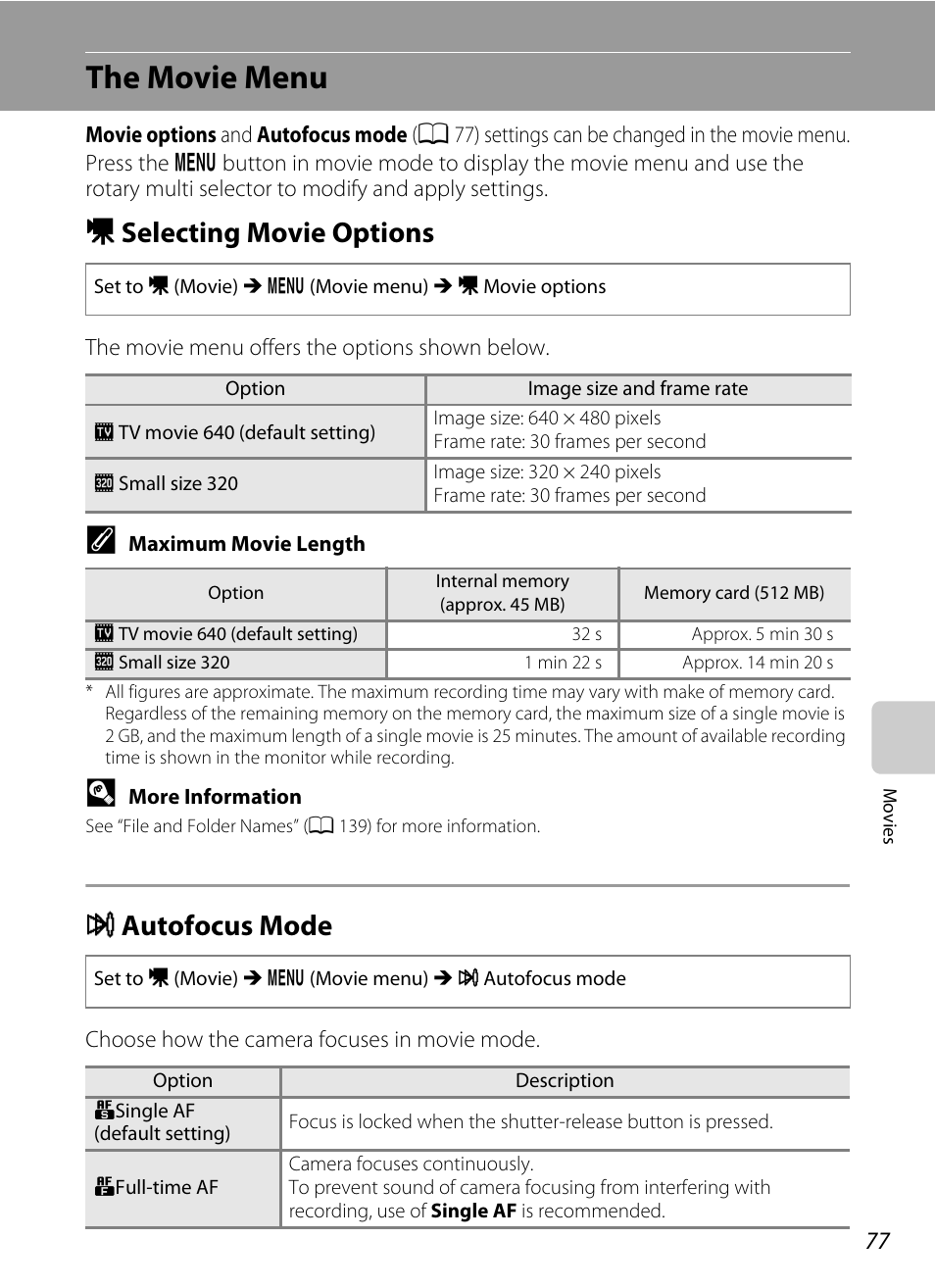 The movie menu, Selecting movie options, Autofocus mode | D selecting movie options i autofocus mode, A 77). regardless, A 77), Dselecting movie options, Iautofocus mode | Nikon S640 User Manual | Page 89 / 176