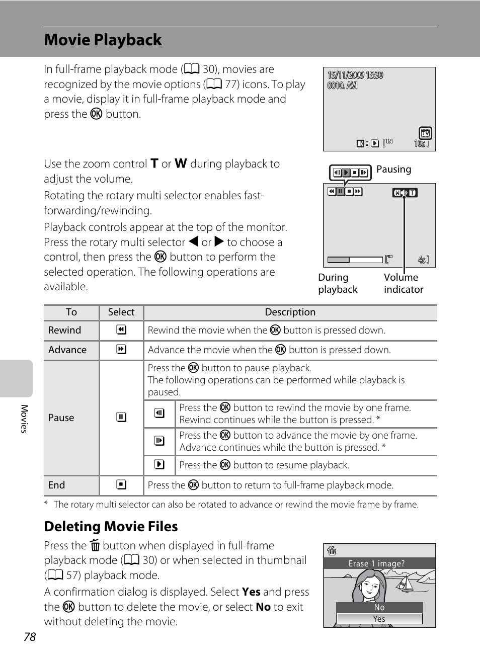 Movie playback, Deleting movie files | Nikon S640 User Manual | Page 90 / 176