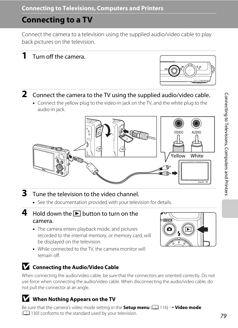 Connecting to televisions, computers and printers, Connecting to a tv | Nikon S640 User Manual | Page 91 / 176