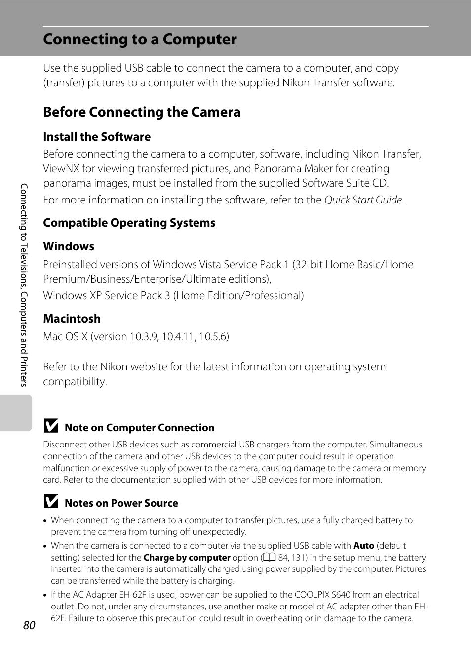 Connecting to a computer, Before connecting the camera, A 80) | Nikon S640 User Manual | Page 92 / 176