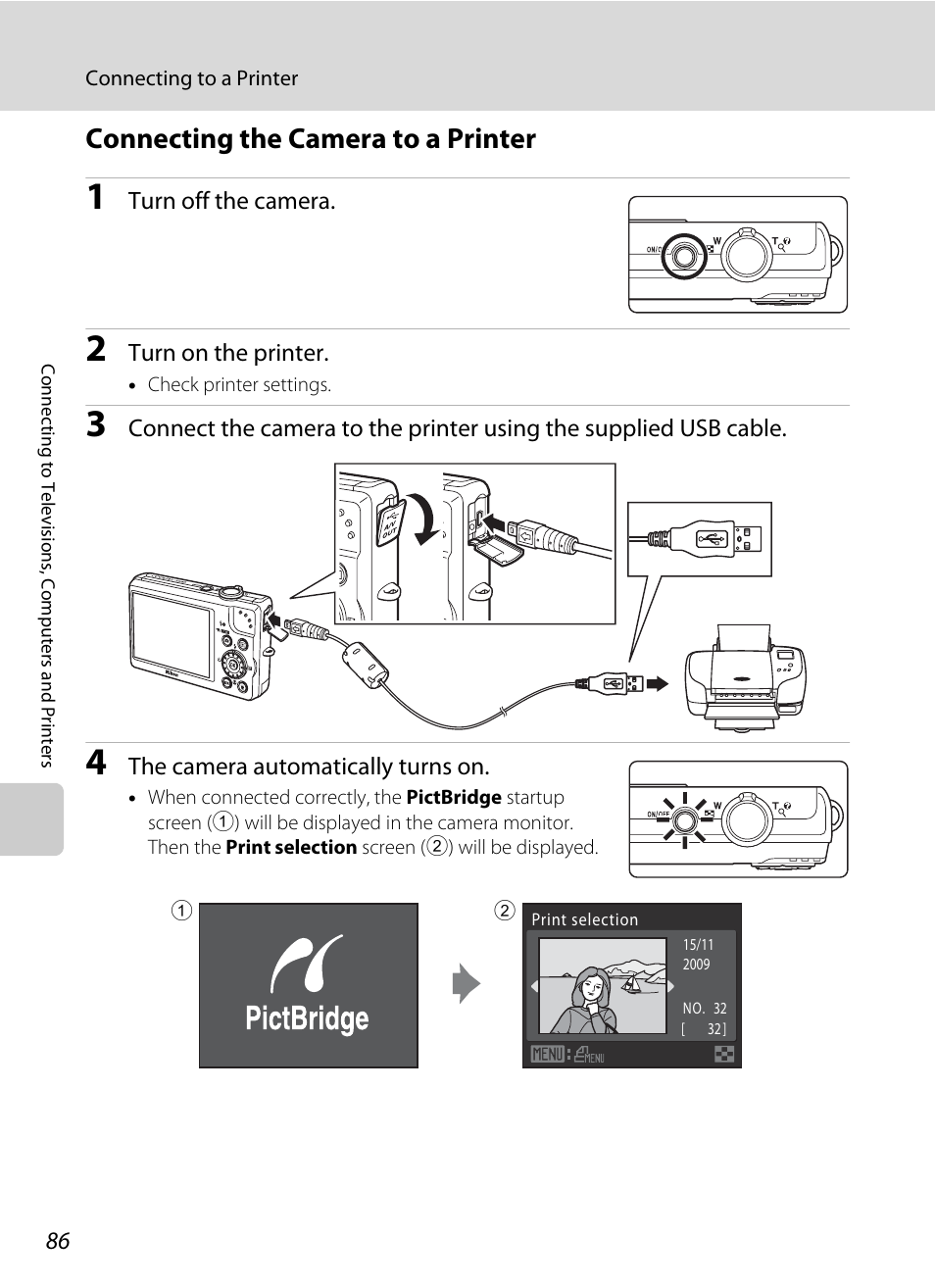 Connecting the camera to a printer, A 86) | Nikon S640 User Manual | Page 98 / 176