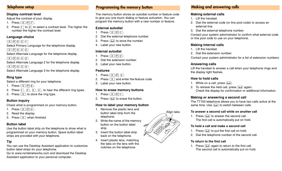 Telephone setup, Making and answering calls | Nortel Networks T7100 User Manual | Page 2 / 2