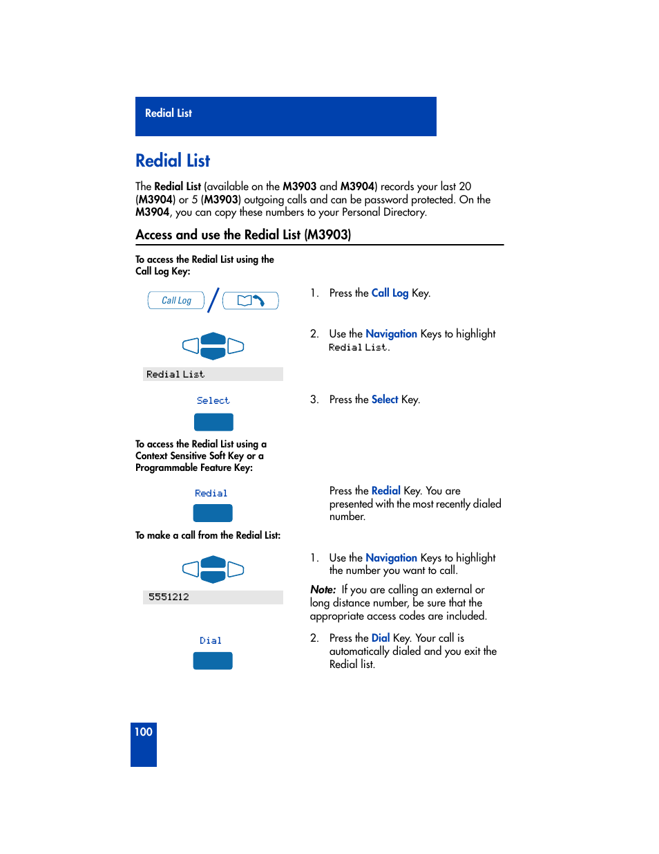 Redial list, Access and use the redial list (m3903) | Nortel Networks M3901 User Manual | Page 108 / 146