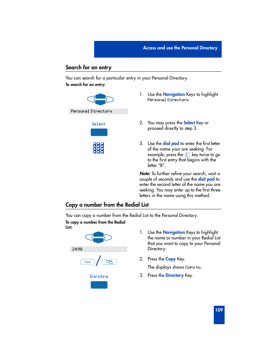 Search for an entry, Copy a number from the redial list | Nortel Networks M3901 User Manual | Page 117 / 146