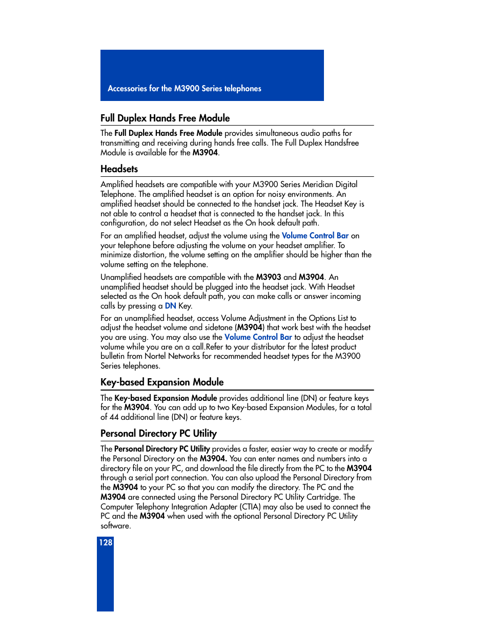 Full duplex hands free module, Headsets, Key-based expansion module | Personal directory pc utility | Nortel Networks M3901 User Manual | Page 136 / 146