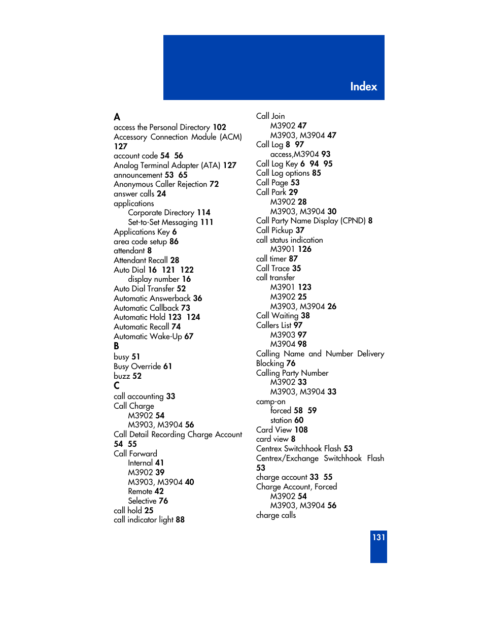 Index | Nortel Networks M3901 User Manual | Page 139 / 146