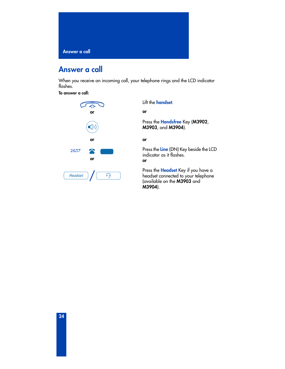 Answer a call | Nortel Networks M3901 User Manual | Page 32 / 146