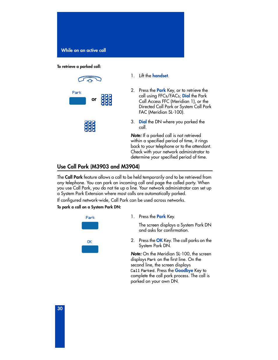 Use call park (m3903 and m3904) | Nortel Networks M3901 User Manual | Page 38 / 146