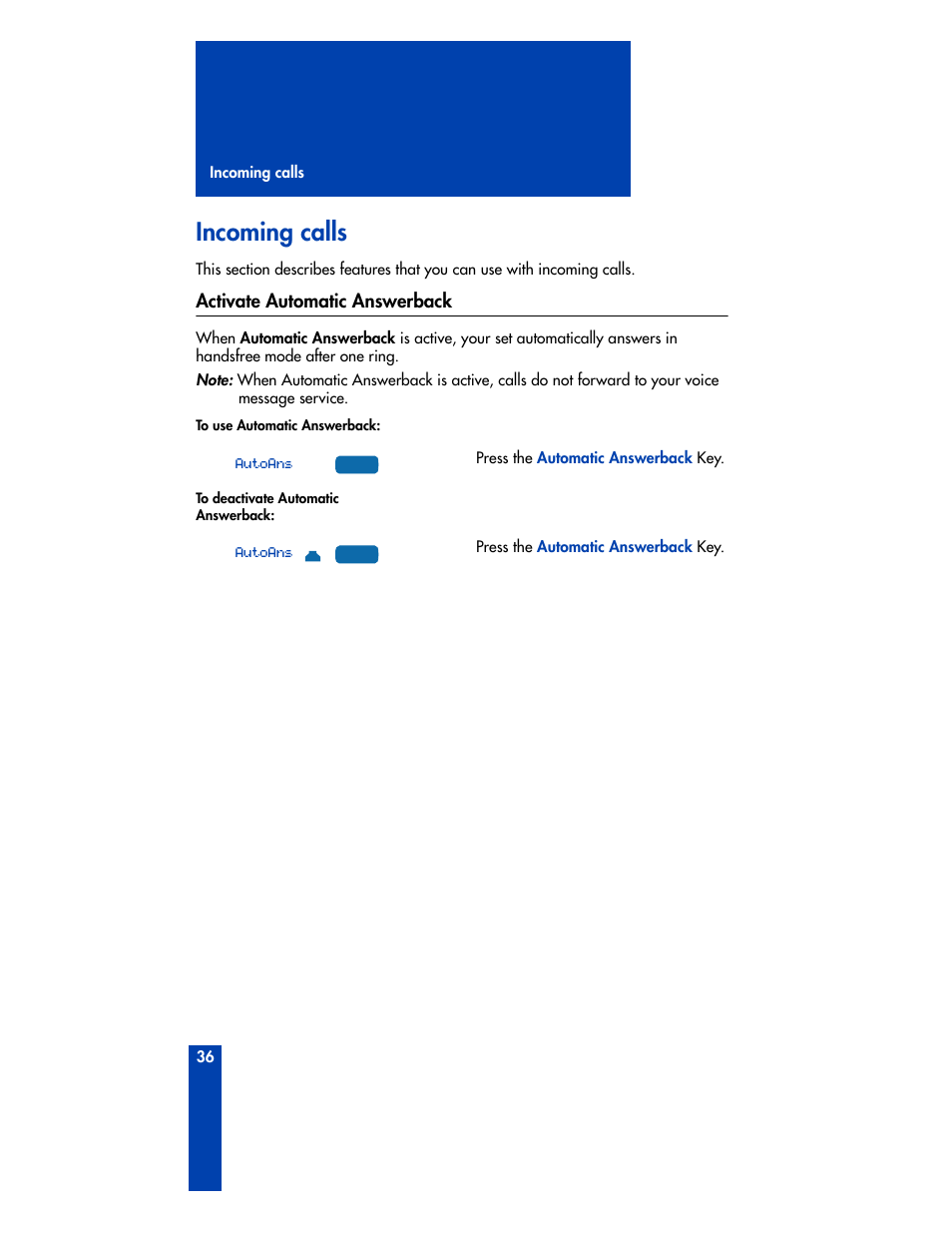 Incoming calls, Activate automatic answerback | Nortel Networks M3901 User Manual | Page 44 / 146