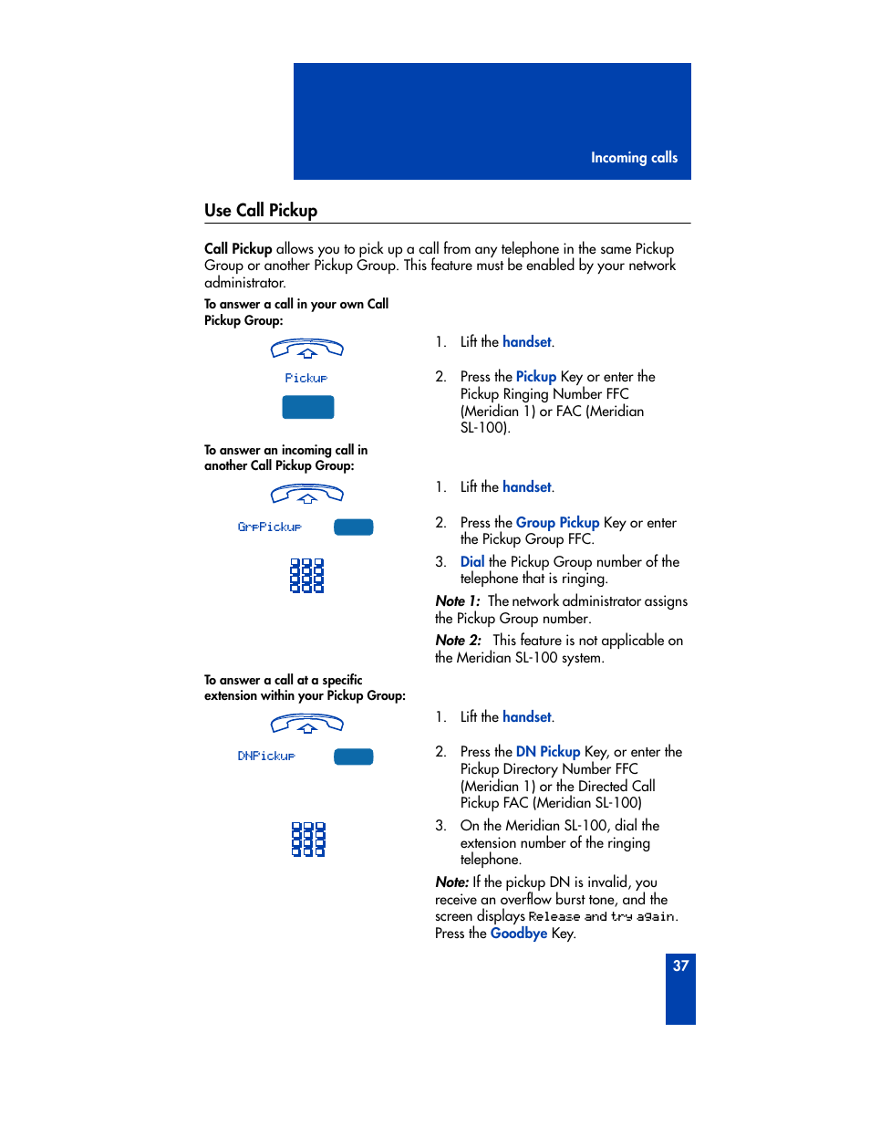 Use call pickup | Nortel Networks M3901 User Manual | Page 45 / 146