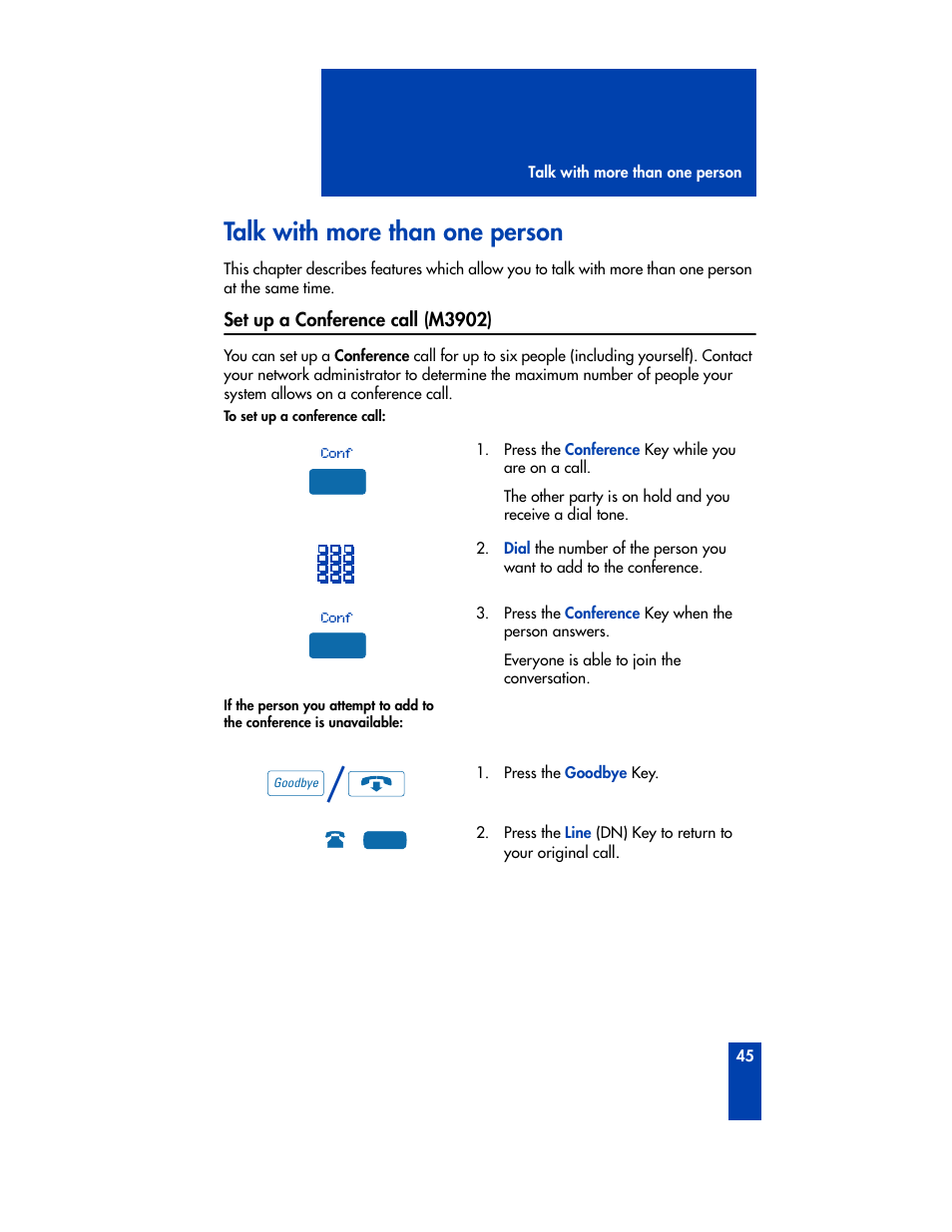 Talk with more than one person, Set up a conference call (m3902) | Nortel Networks M3901 User Manual | Page 53 / 146