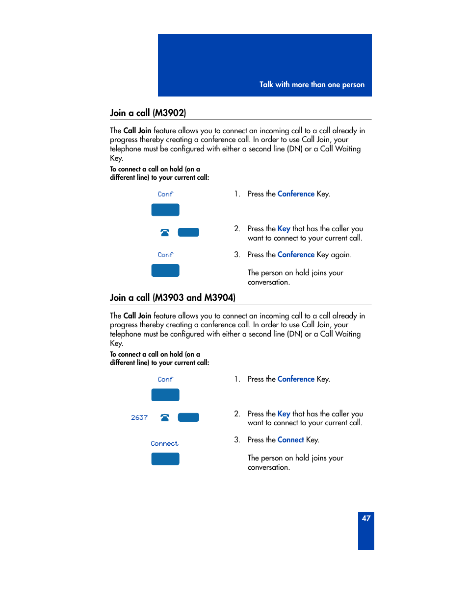 Join a call (m3902), Join a call (m3903 and m3904), Join a call (m3902) join a call (m3903 and m3904) | Nortel Networks M3901 User Manual | Page 55 / 146