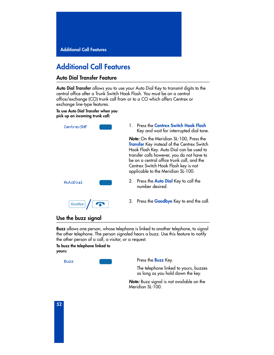 Additional call features, Auto dial transfer feature, Use the buzz signal | Auto dial transfer feature use the buzz signal | Nortel Networks M3901 User Manual | Page 60 / 146