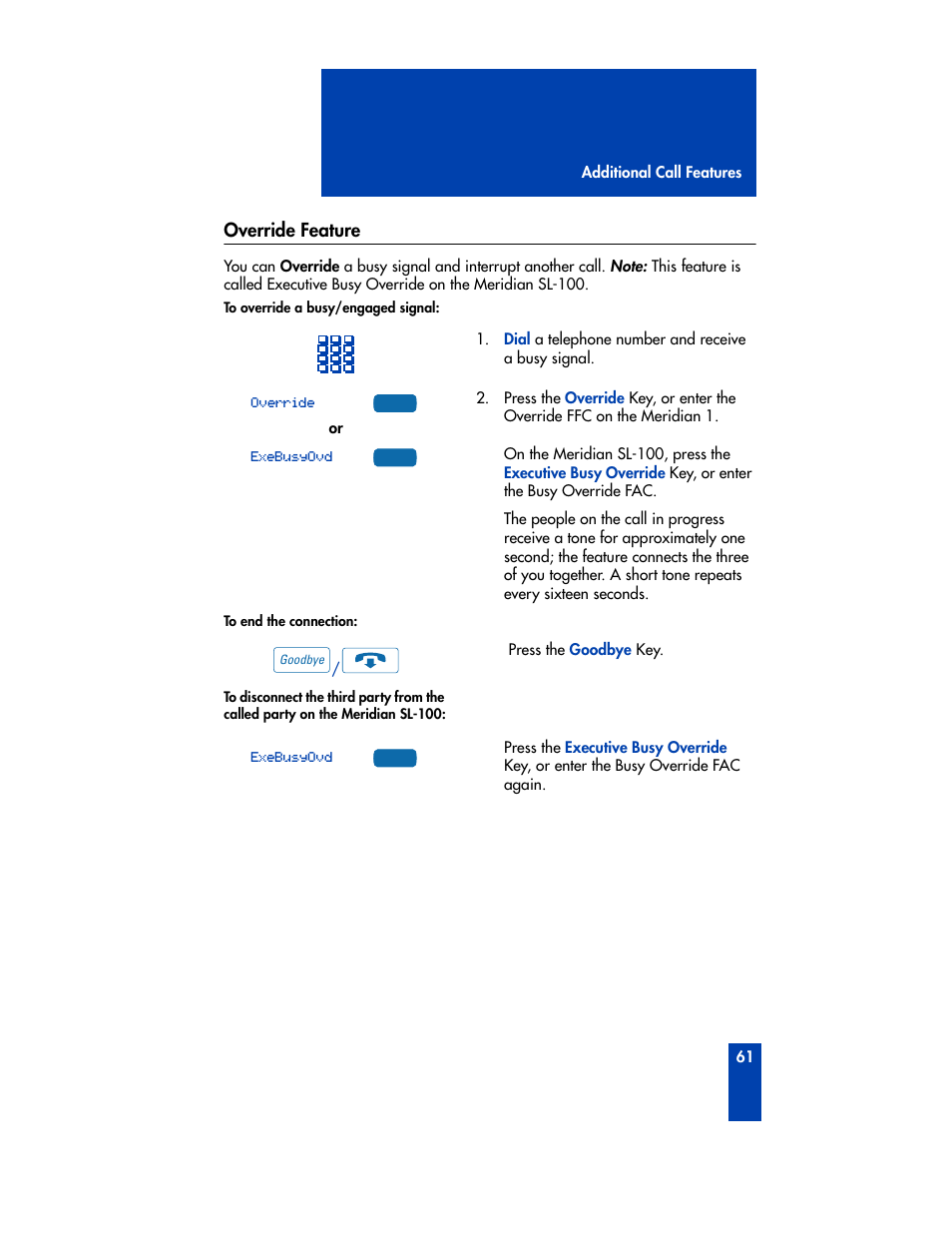 Override feature | Nortel Networks M3901 User Manual | Page 69 / 146