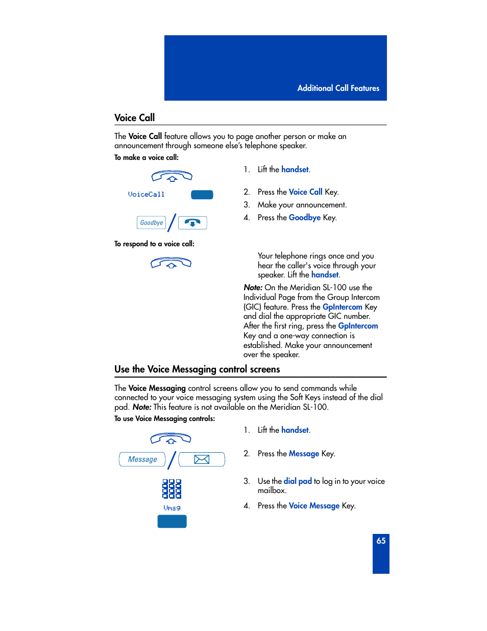 Voice call, Use the voice messaging control screens, Voice call use the voice messaging control screens | Nortel Networks M3901 User Manual | Page 73 / 146