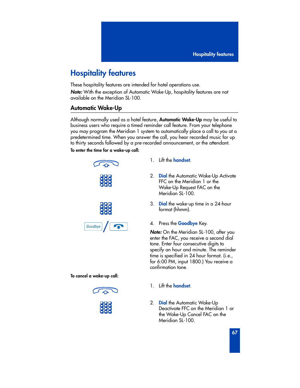 Hospitality features, Automatic wake-up | Nortel Networks M3901 User Manual | Page 75 / 146