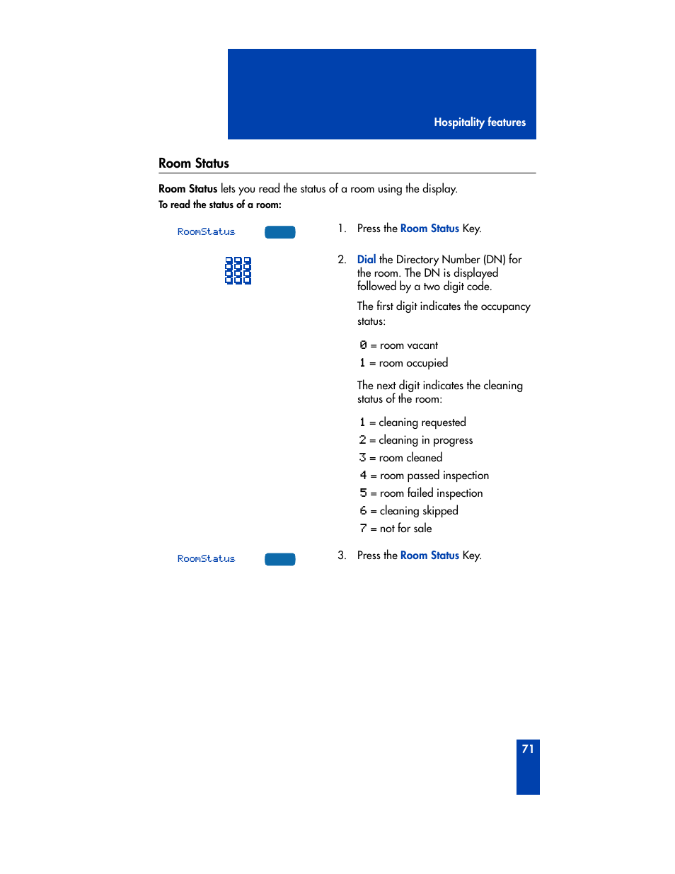 Room status | Nortel Networks M3901 User Manual | Page 79 / 146