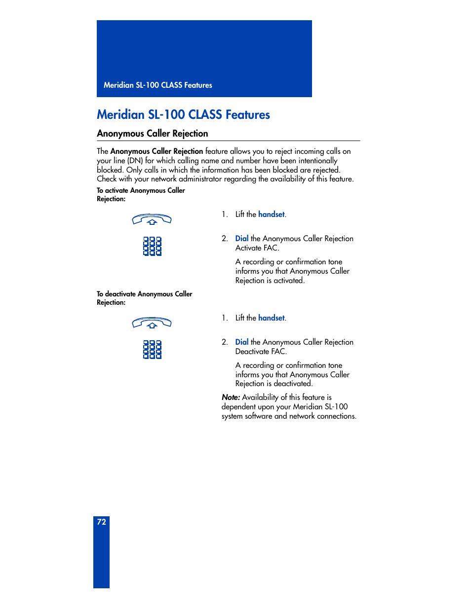 Meridian sl-100 class features, Anonymous caller rejection | Nortel Networks M3901 User Manual | Page 80 / 146
