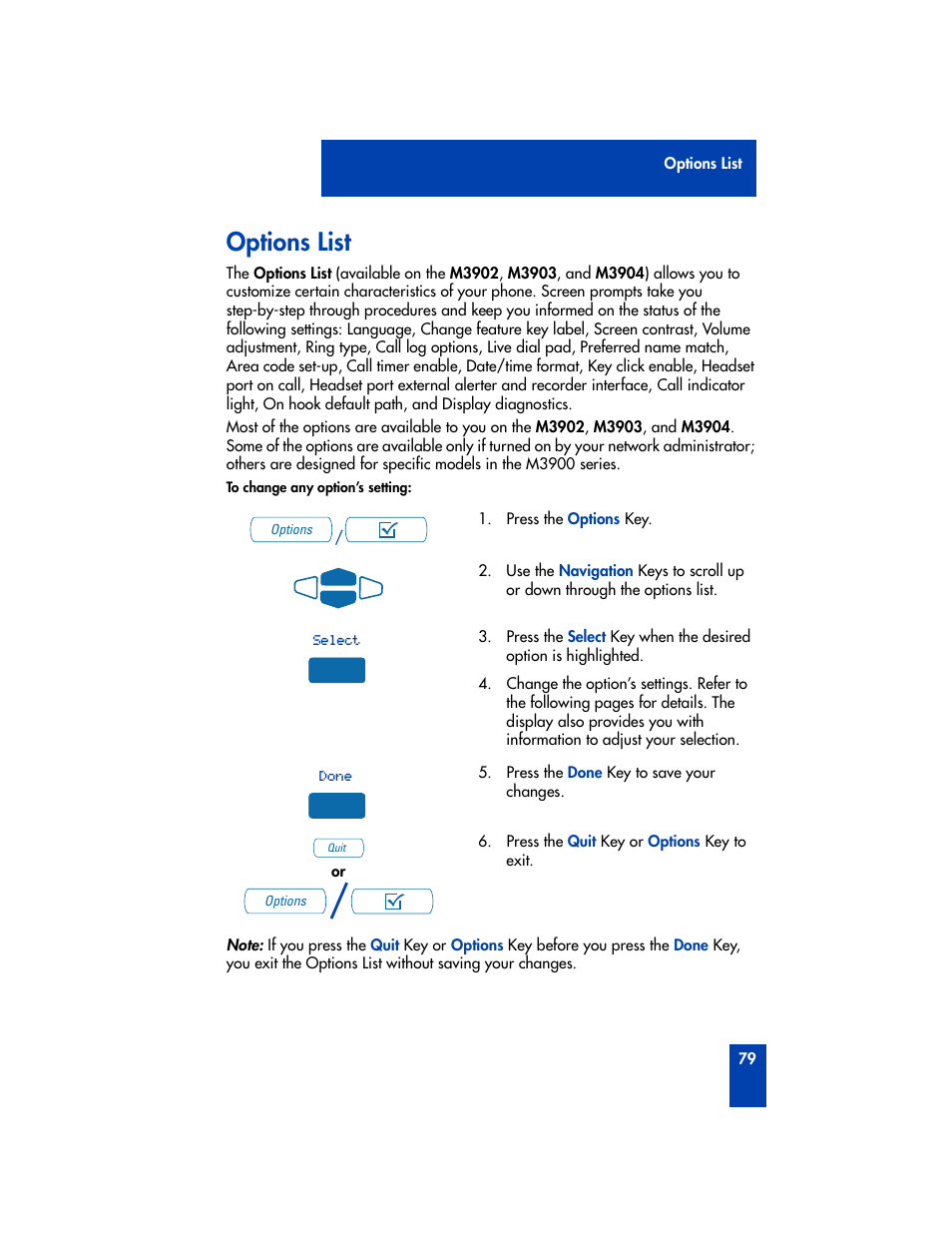 Options list | Nortel Networks M3901 User Manual | Page 87 / 146
