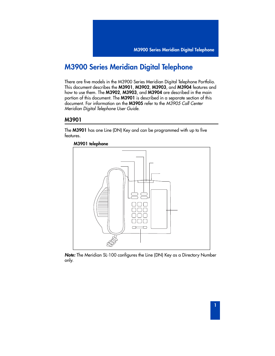 M3900 series meridian digital telephone, M3901 | Nortel Networks M3901 User Manual | Page 9 / 146