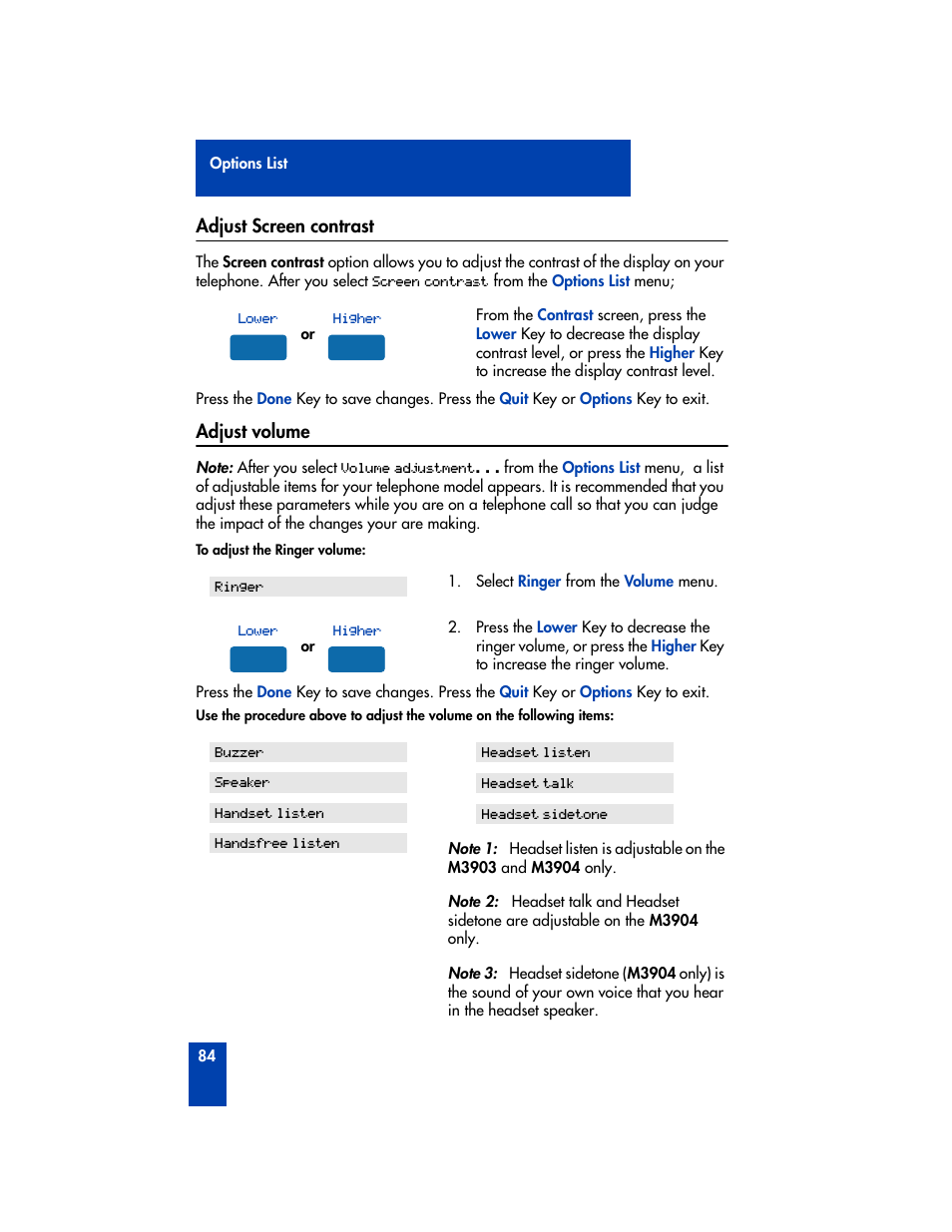 Adjust screen contrast, Adjust volume, Adjust screen contrast adjust volume | Nortel Networks M3901 User Manual | Page 92 / 146