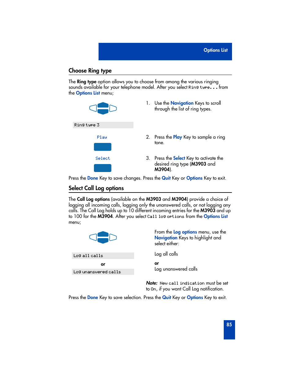 Choose ring type, Select call log options, Choose ring type select call log options | Nortel Networks M3901 User Manual | Page 93 / 146
