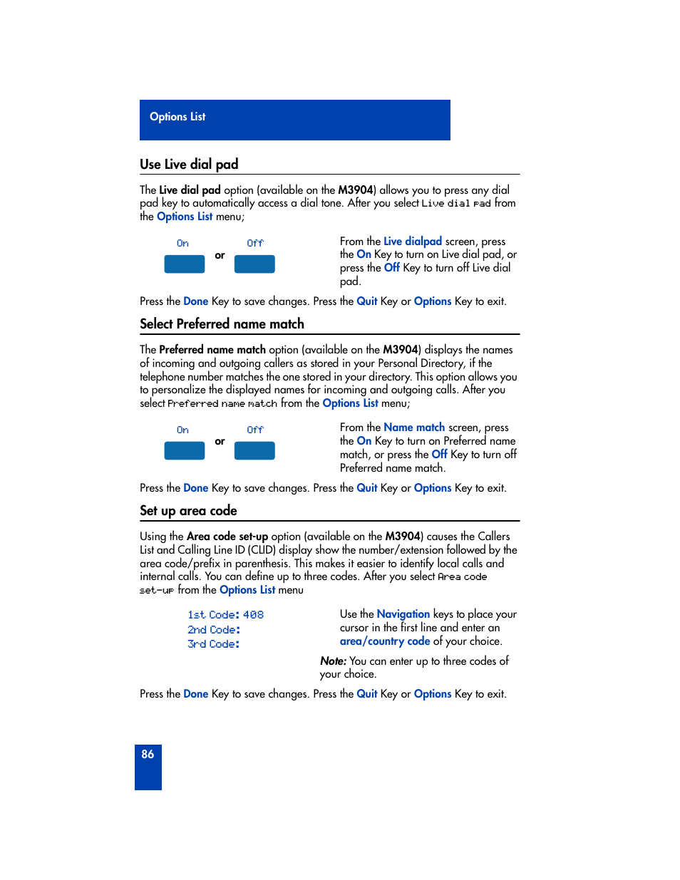 Use live dial pad, Select preferred name match, Set up area code | Select preferred name match set up area code | Nortel Networks M3901 User Manual | Page 94 / 146