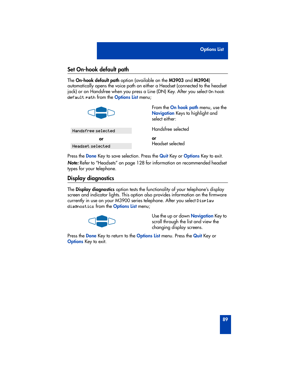 Set on-hook default path, Display diagnostics, Set on-hook default path display diagnostics | Nortel Networks M3901 User Manual | Page 97 / 146