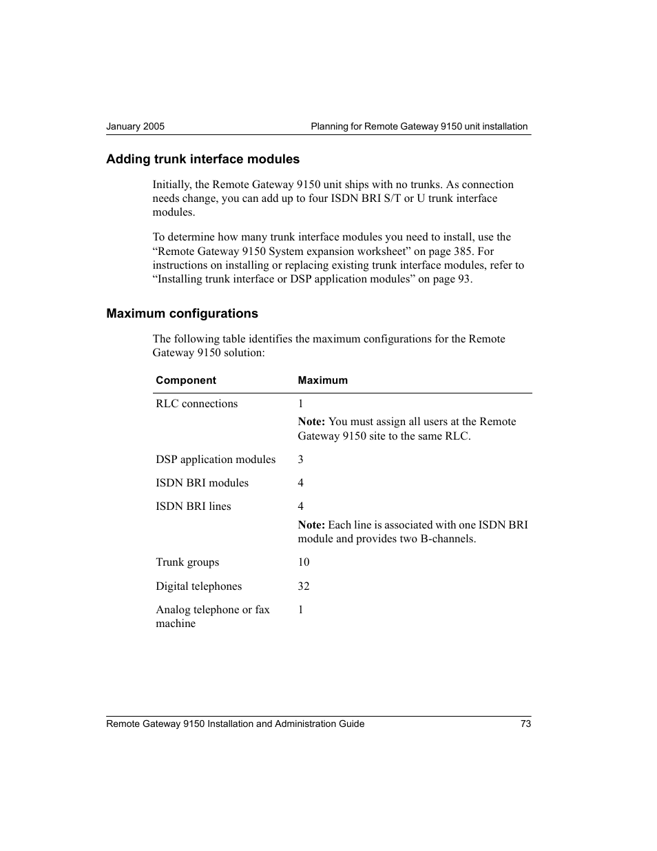 Adding trunk interface modules, Maximum configurations | Nortel Networks 9150 User Manual | Page 103 / 562