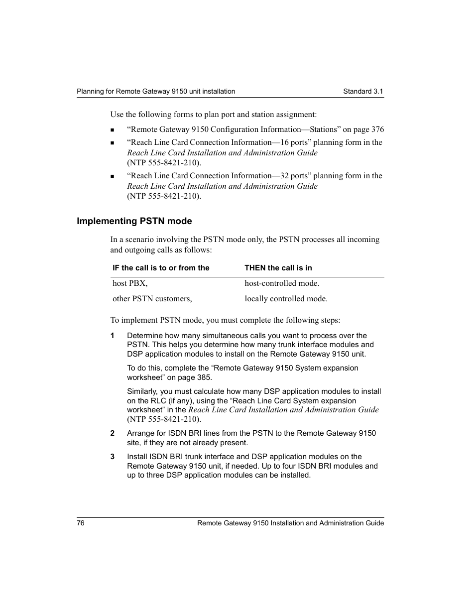 Implementing pstn mode | Nortel Networks 9150 User Manual | Page 106 / 562