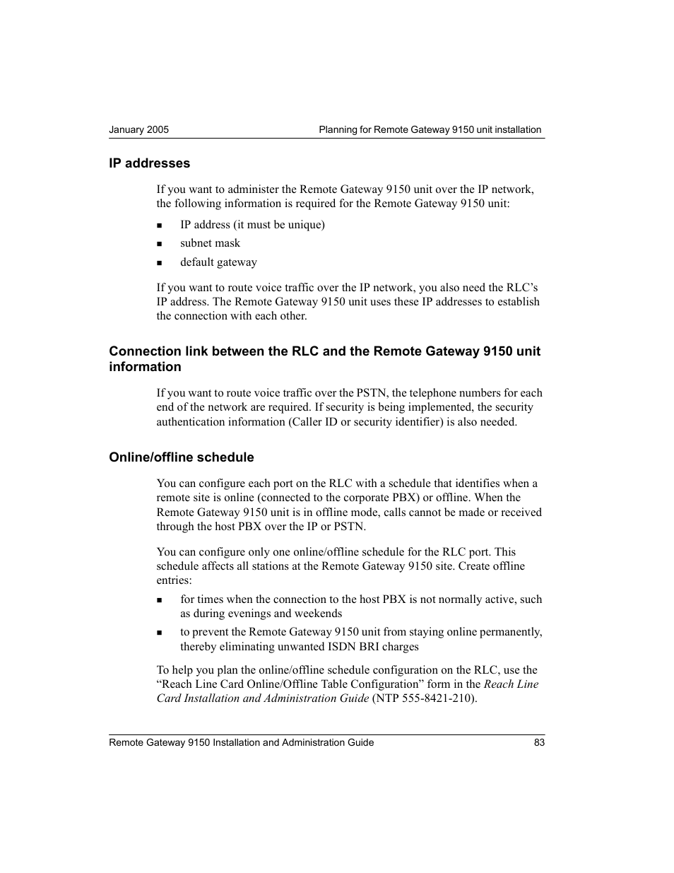 Ip addresses, Online/offline schedule, Ip addresses connection link between the rlc and | The remote gateway 9150 unit information | Nortel Networks 9150 User Manual | Page 113 / 562