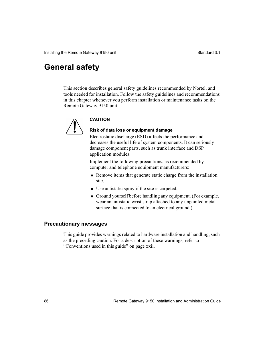 General safety, Precautionary messages | Nortel Networks 9150 User Manual | Page 116 / 562