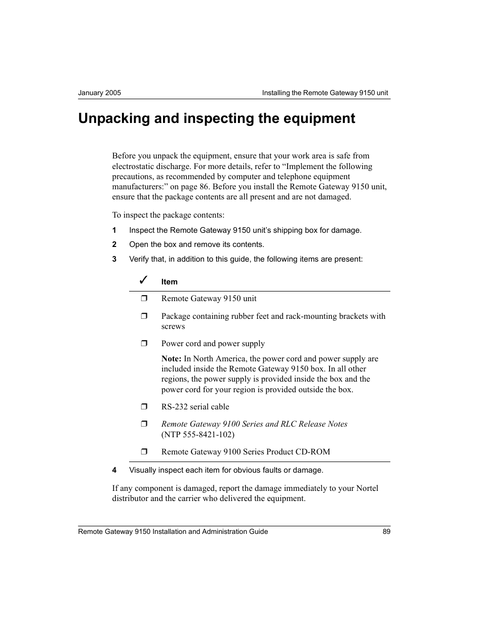 Unpacking and inspecting the equipment | Nortel Networks 9150 User Manual | Page 119 / 562