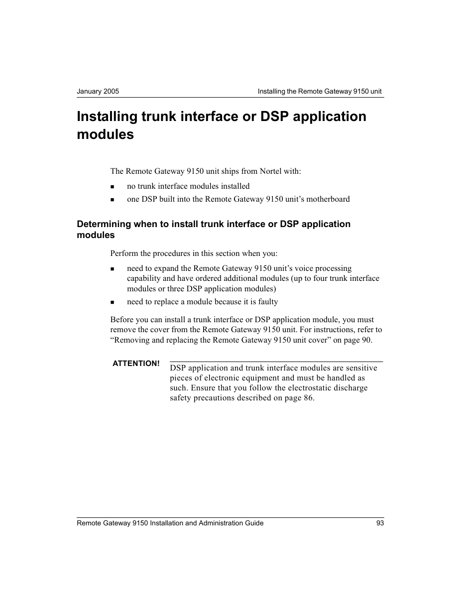 Determining when to install trunk interface or, Dsp application modules | Nortel Networks 9150 User Manual | Page 123 / 562