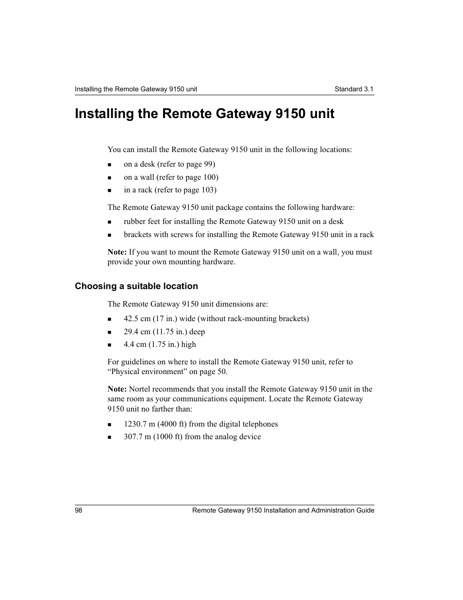 Installing the remote gateway 9150 unit, Choosing a suitable location | Nortel Networks 9150 User Manual | Page 128 / 562