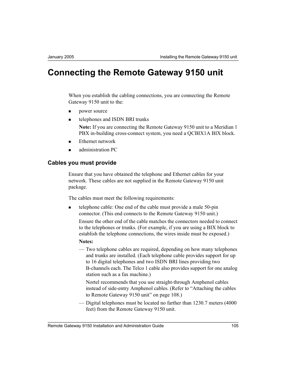 Connecting the remote gateway 9150 unit, Cables you must provide | Nortel Networks 9150 User Manual | Page 135 / 562