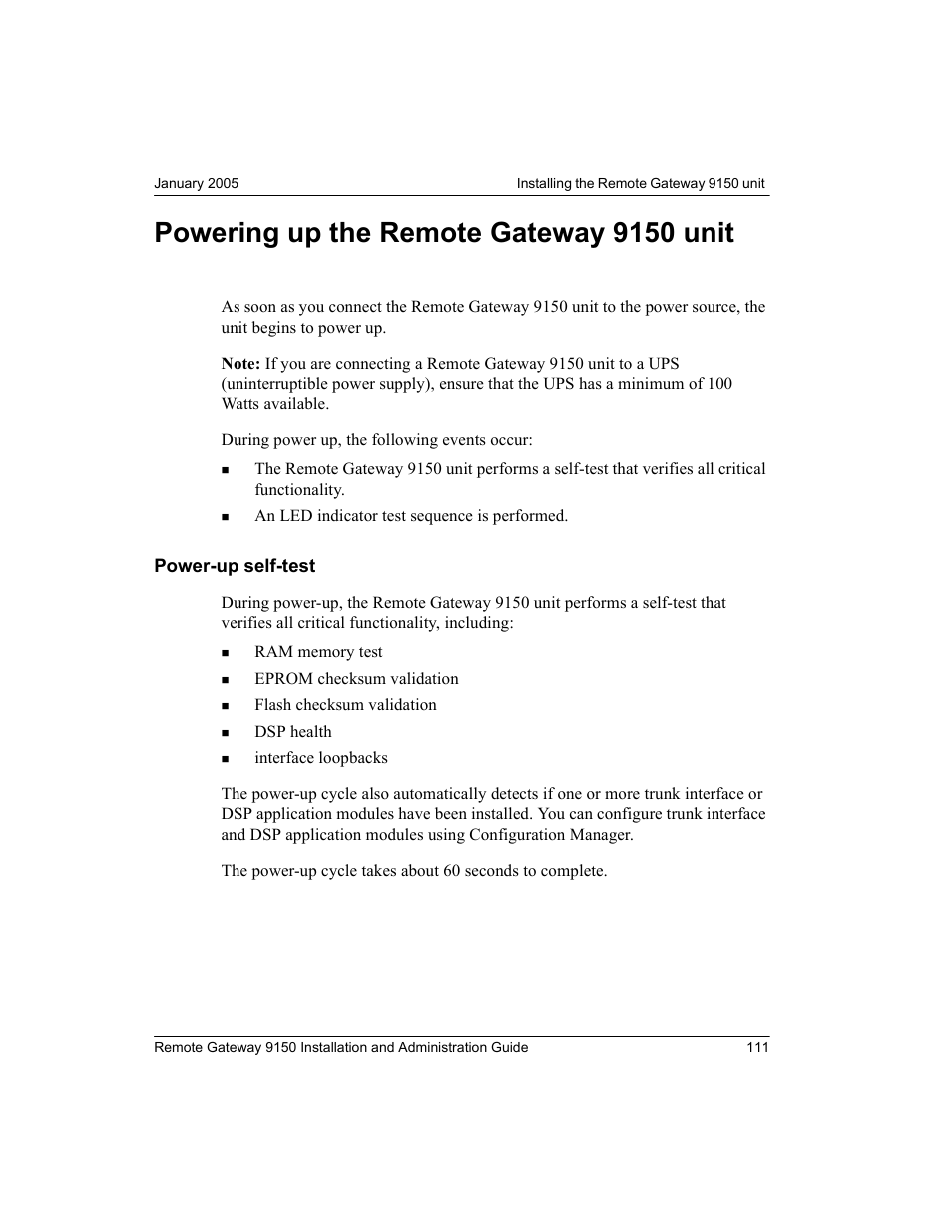 Powering up the remote gateway 9150 unit, Power-up self-test | Nortel Networks 9150 User Manual | Page 141 / 562